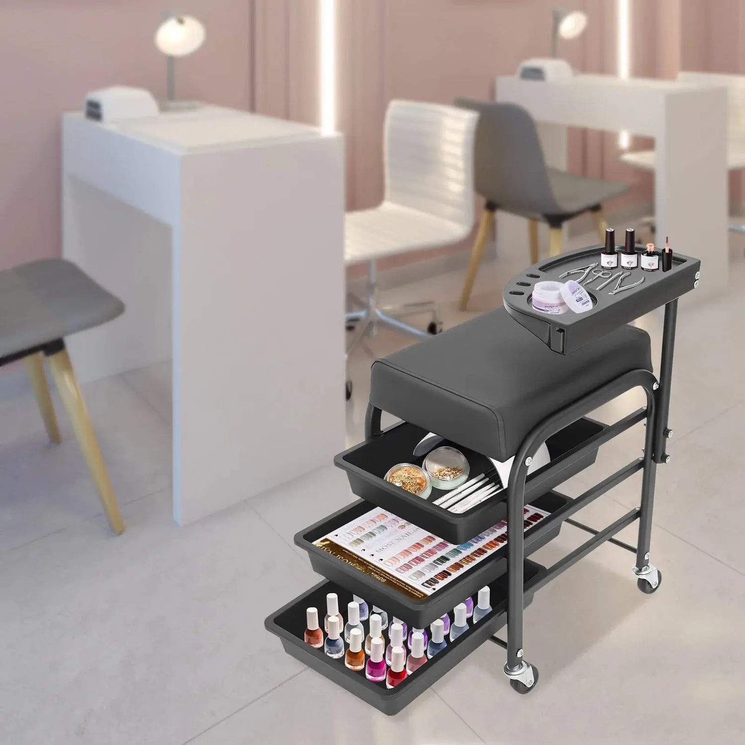 Chariot de rangement pour pédicure et repose-pieds, support de salon de beauté à 4 niveaux, chariot de maquillage roulant, repose-pieds, banc à ongles Glam'ongle Chariot de rangement pour pédicure et repose-pieds, support de salon de beauté à 4 niveaux, chariot de maquillage roulant, repose-pieds, banc à ongles