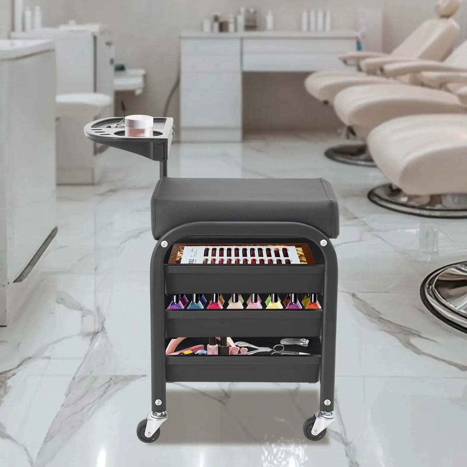 Chariot de rangement pour pédicure et repose-pieds, support de salon de beauté à 4 niveaux, chariot de maquillage roulant, repose-pieds, banc à ongles Glam'ongle Chariot de rangement pour pédicure et repose-pieds, support de salon de beauté à 4 niveaux, chariot de maquillage roulant, repose-pieds, banc à ongles