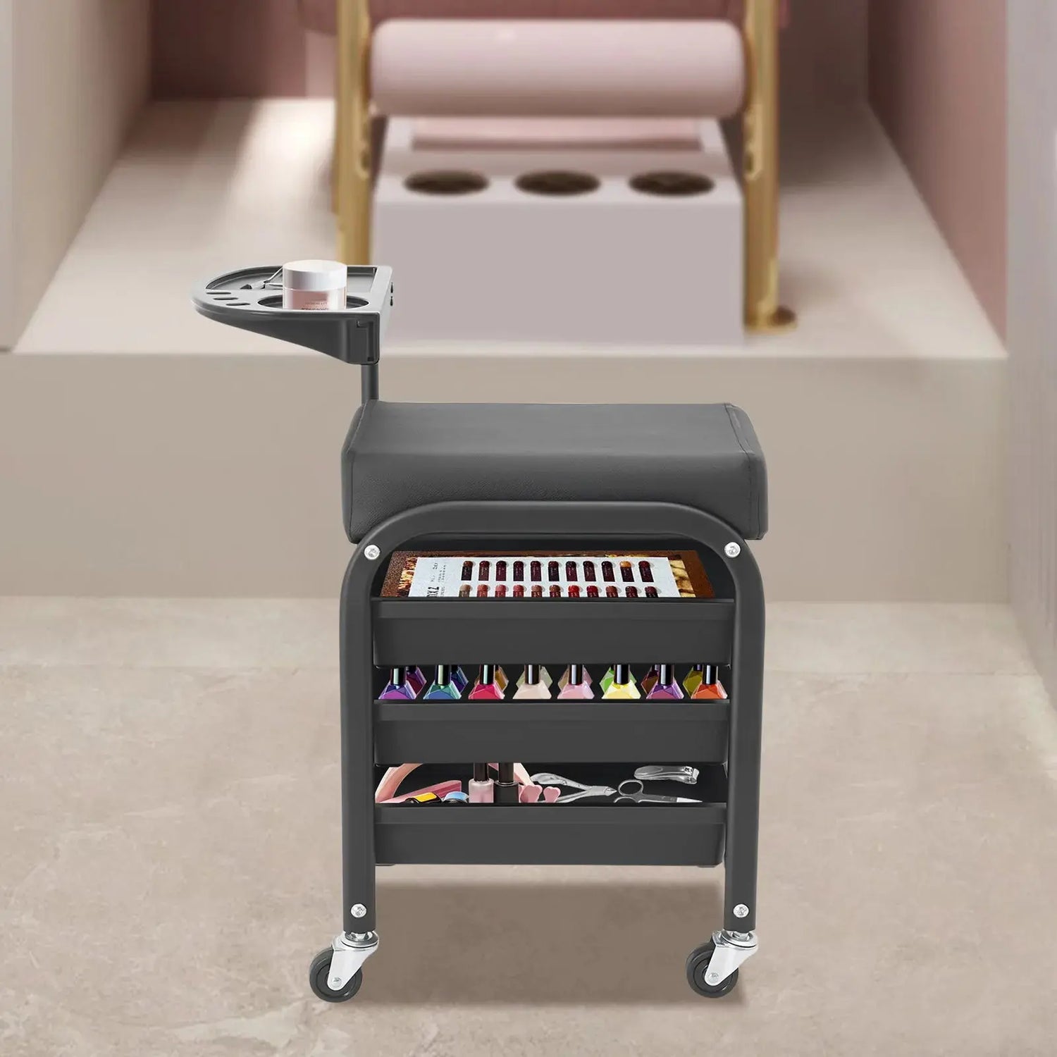 Chariot de rangement pour pédicure et repose-pieds, support de salon de beauté à 4 niveaux, chariot de maquillage roulant, repose-pieds, banc à ongles Glam'ongle Chariot de rangement pour pédicure et repose-pieds, support de salon de beauté à 4 niveaux, chariot de maquillage roulant, repose-pieds, banc à ongles