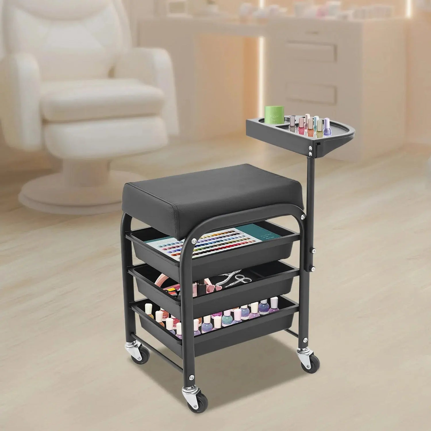 Chariot de rangement pour pédicure et repose-pieds, support de salon de beauté à 4 niveaux, chariot de maquillage roulant, repose-pieds, banc à ongles Glam'ongle Chariot de rangement pour pédicure et repose-pieds, support de salon de beauté à 4 niveaux, chariot de maquillage roulant, repose-pieds, banc à ongles